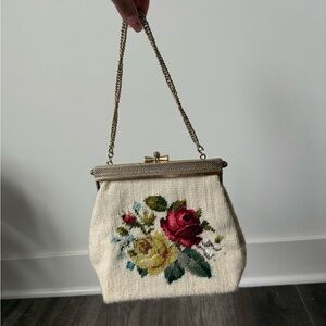 Vintage 1950s Cream Needlepoint Clutch with Pink & Yellow Rose Motif